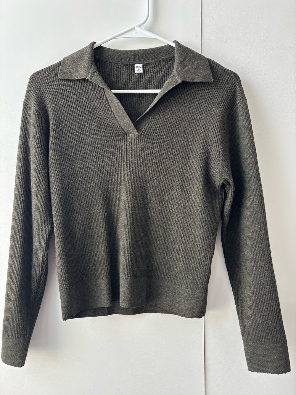 UNIQLO Merino Wool Ribbed Polo Collar Sweater - Olive Green
